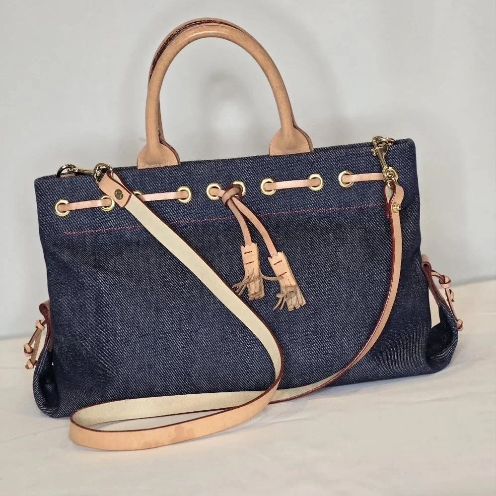 Dooney & Bourke Blue Denim Satchel With Crossbody Leather Strap bag. - Picture 1 of 9